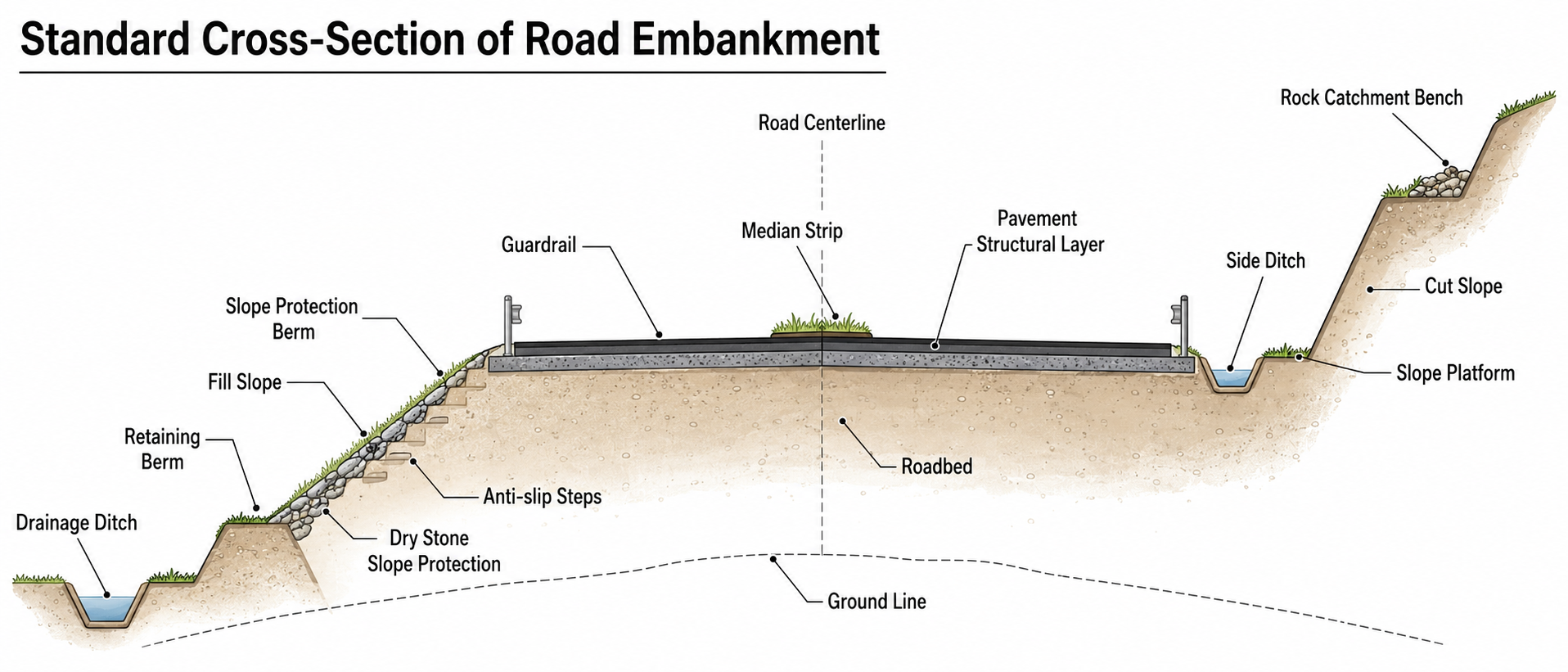 Road cross section showing the relationship between roadbed and side slopes