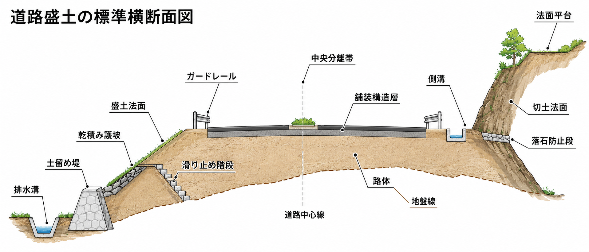 道路横断図における路体と法面の関係