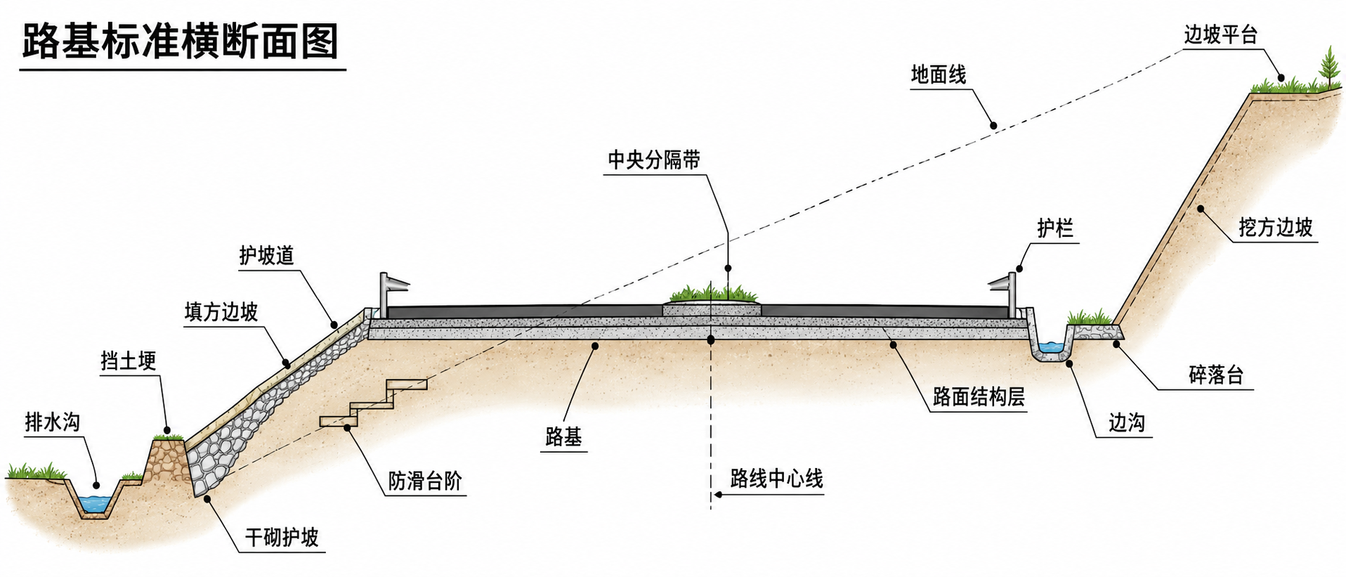 路基、路面、边坡和排水设施组成的道路横断面示意